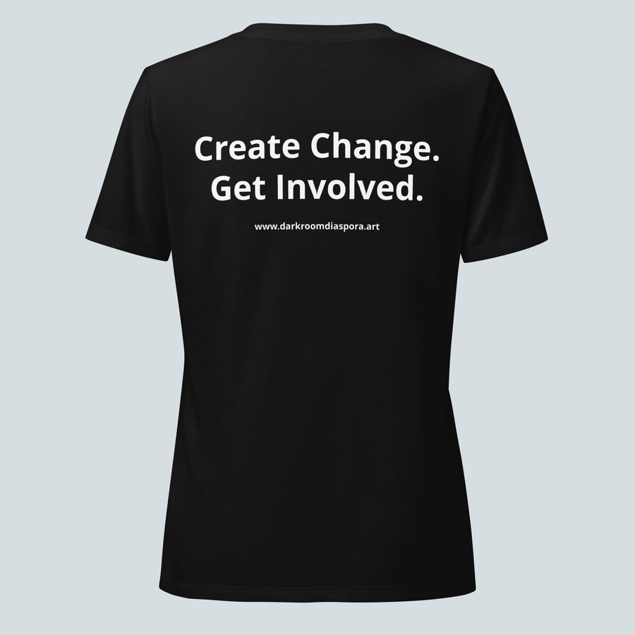 Stop Deportation Now Women's Tee, Black, back reading Create Change. Get Involved.