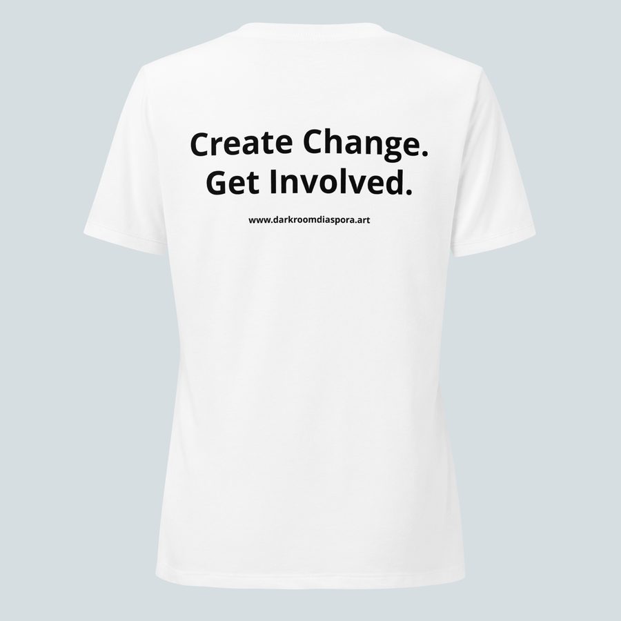 Stop Deportation Now Women's Tee, White, back reading Create Change. Get Involved.